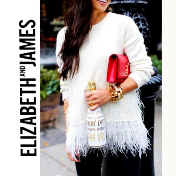 💋STUNNING💋Elizabeth James Ostrich Feathers Trim Angora Sweater